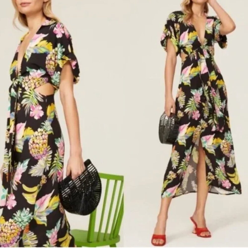 LE SUPERBE Mai Tai Cut Out Midi Dress Black Tropical Floral Print 0 NEW